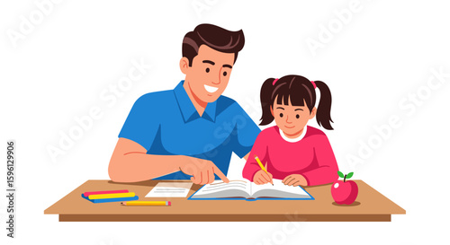 A supportive father patiently guides his young daughter as she diligently works on her school homework at a table.