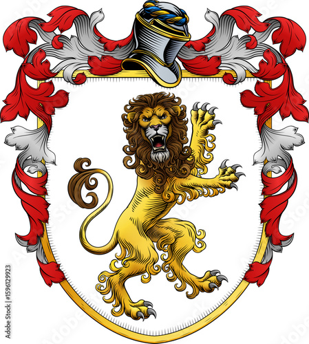 A lion coat of arms or crest family heraldry medieval heraldic knight shield with helmet and acanthus filigree scroll ornament in a vintage woodcut style.