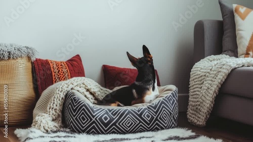 A small dog lounges comfortably in a cozy dog bed inside a beautifully decorated living room. Warm colors and soft textures create a welcoming atmosphere
