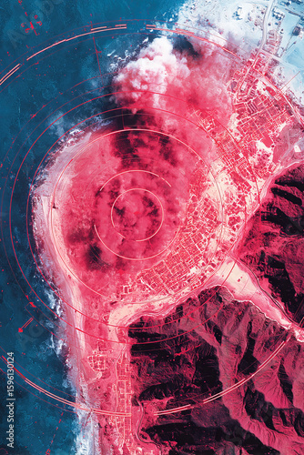 Military operations depicted in satellite surveillance over coastal area with neon effects