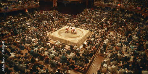 Sumo wrestlers compete in a lively arena filled with excited spectators in Japan