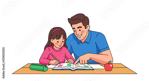 A caring father lovingly helps his young daughter with her homework, guiding her through a book at a wooden desk in a bright, educational illustration.