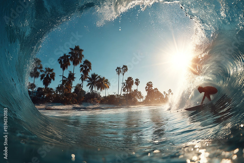 Muscular surfer riding a powerful wave with sun rays illuminating the tropical beach scenery