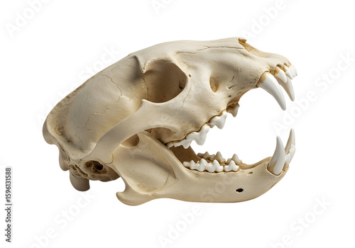 Detailed Canine Skull, Profile View, Open Jaw,  Pale Bone Texture,  Anatomical Study,  Scientific Illustration.