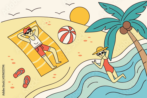 Friends at sunset beach with towel, swimwear, beach ball, sunhat — golden light reflecting on ocean waves