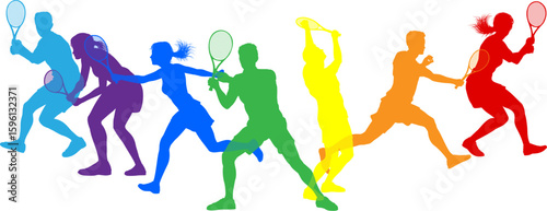Silhouette Tennis players set. Active sports people healthy players fitness silhouettes concept.