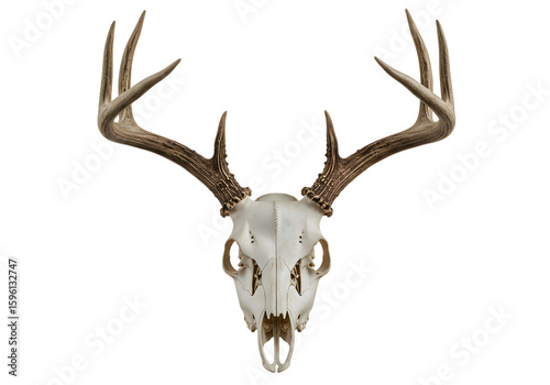 Whitetail Deer Skull with Antlers: Abstract, Moody, Artistic Still Life Photography;  Intricate, Textured Background;  Dark Tones;  Hunting, Nature, Mortality Themes;  High-Resolution Image.