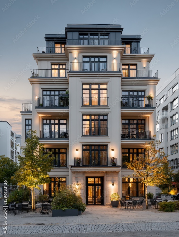 Fototapeta premium Modern luxury residential building with elegant architecture featu multiple balconies and large in urban setting