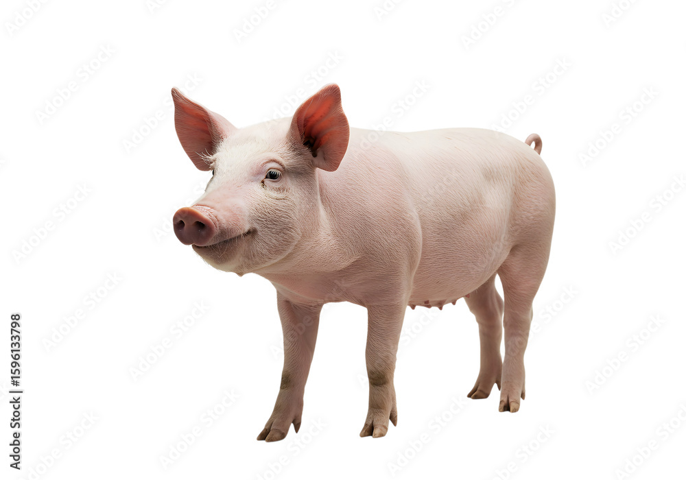 Fototapeta premium Happy Young Piglet, Studio Shot, White Background, Farm Animal, Agriculture, Livestock, Pork Industry, Cute, Friendly, Healthy, Domesticated, Isolated, Clean, High-Resolution Image.