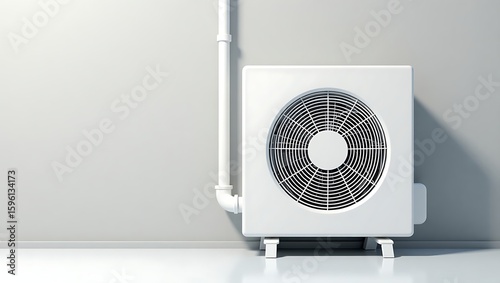 A white outdoor air conditioning unit with a fan and pipes against a grey wall