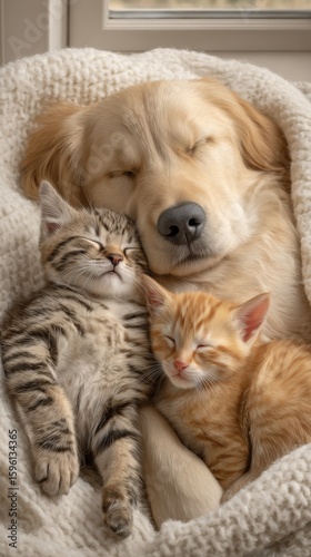 Wallpaper Mural Adorable Golden Retriever puppy and two playful kittens cuddling together on a cozy bed near a window in a bright home setting Torontodigital.ca