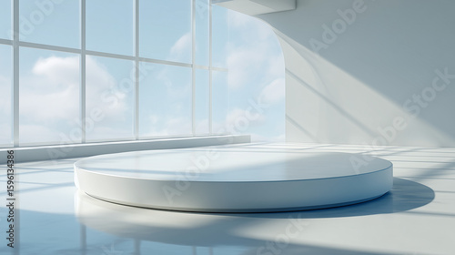 White Floating Display Circle - Contemporary Stage Minimalist circular platform appearing to float for elegant product presentation.