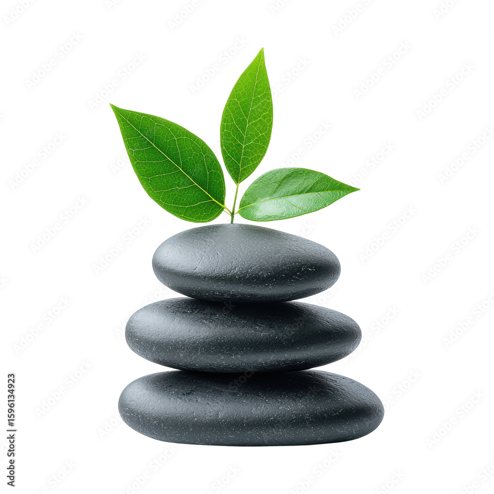 Balanced stones with green leaves for tranquility and wellness Balanced stones with green leaves for tranquility and wellness