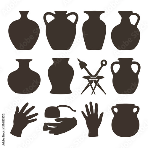 Collection of ancient pottery silhouettes including amphorae vases and hands symbolizing craftsmanship and history