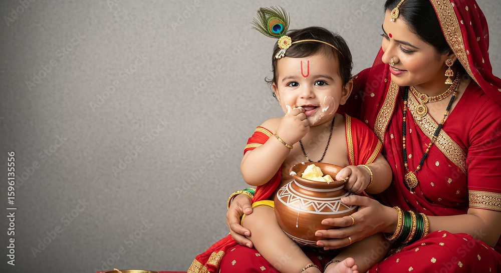 Fototapeta premium krishna Janmashtami Baby Krishna child is dressed like, complete with a yellow dhoti, pink dupatta trimmed in gold, and traditional jewelry Janmashtami, with maa yashoda the birth of Lord Krishna