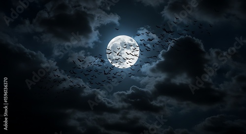 Dramatic Moonlit Night with Bats Silhouetted Against the Glowing Orb in a Cloudy Sky