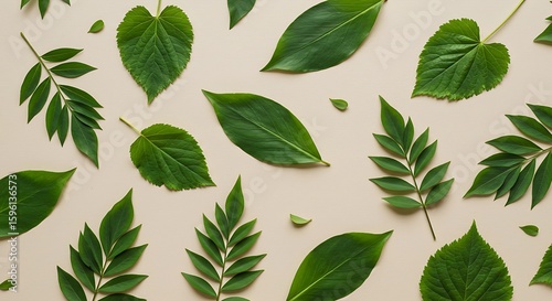 An overhead flat lay of various green leaves scattered across a beige background, creating a natural and organic pattern.