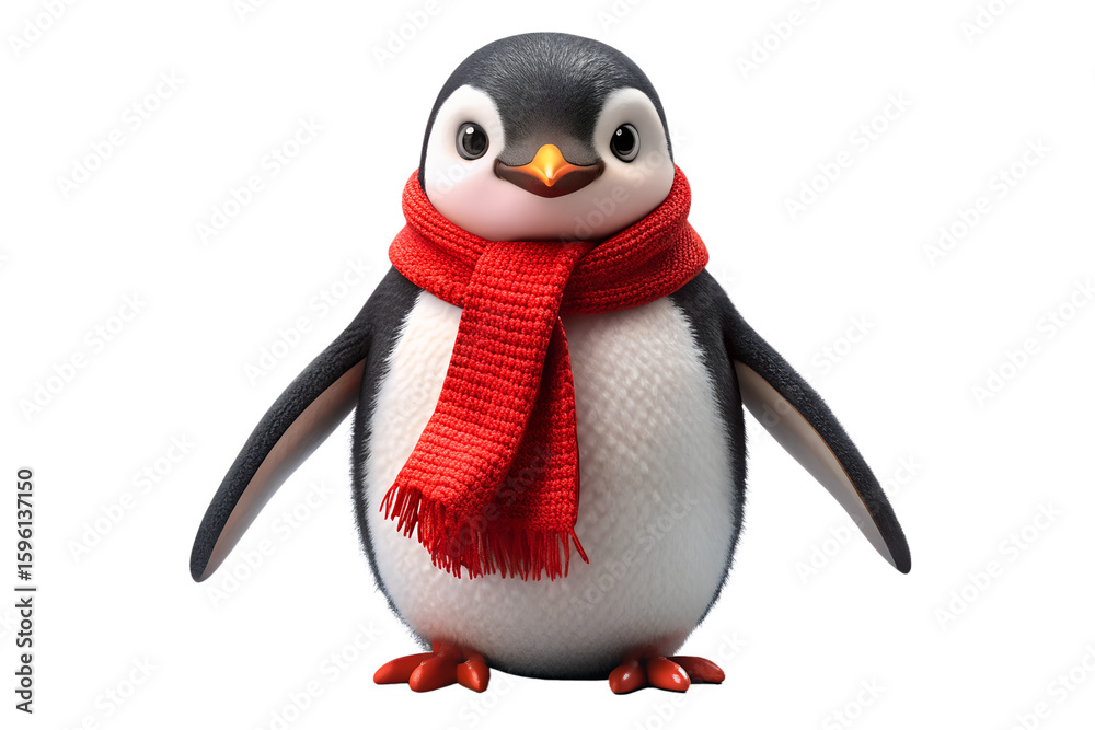 Fototapeta premium A cute cartoon penguin wearing a red scarf, isolated on a transparent background