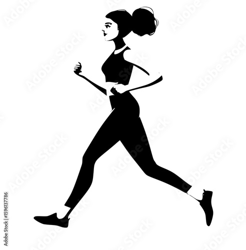 Flat vector illustration of an Indian woman running in a park, dressed in purple leggings and red sneakers, against a white background with a green PNG circle, executed in a minimalistic style