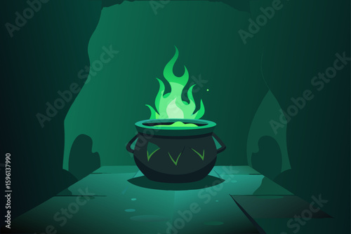 Ominous cauldron with bubbling green concoction vector illustration