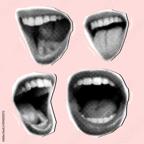 Set of female smiling lips with retro halftone effect,trendy collage element,cut out from magazine on pastel pink background