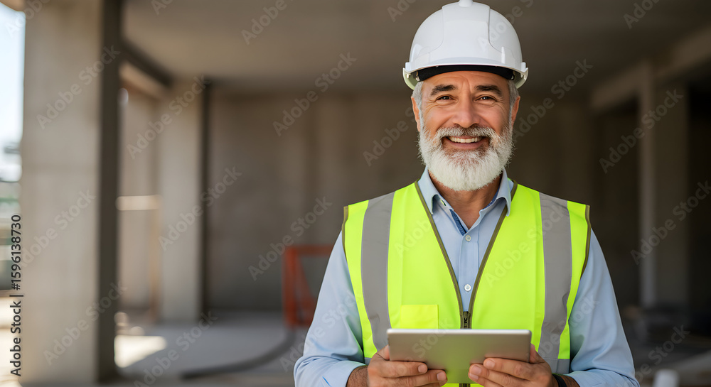 Fototapeta premium Experienced engineer smiling confidently at a construction site, holding a tablet, ready to oversee the project and ensure its success.