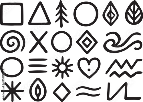 Black line abstract symbols and shapes on white background