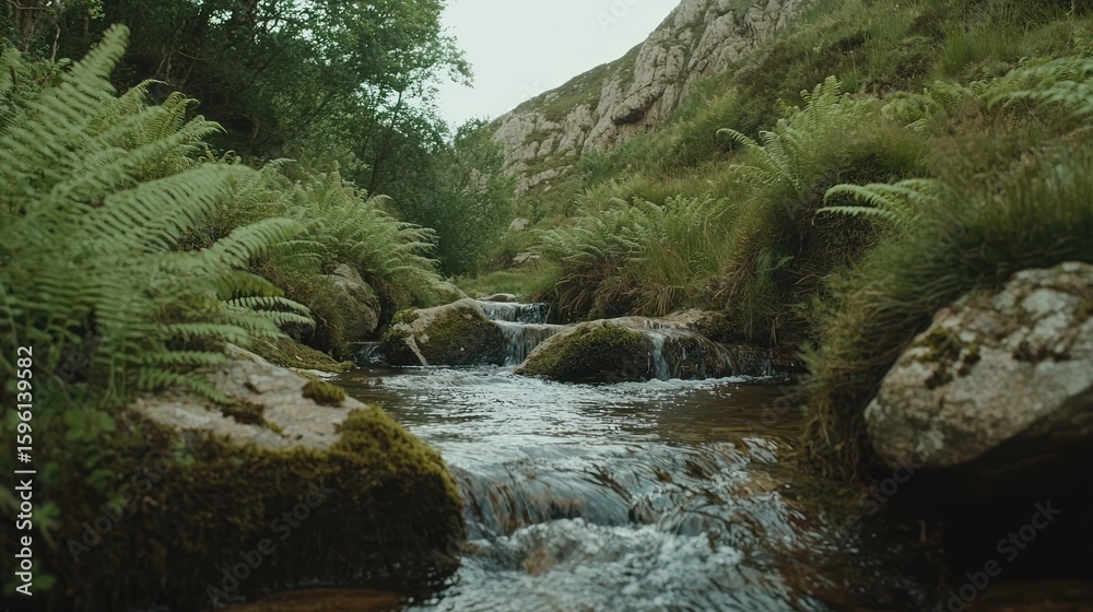 Naklejka premium Peaceful scenery of a stream flowing down from the mountains lush greenery