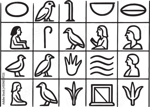 Egyptian hieroglyphs collection black and white illustration