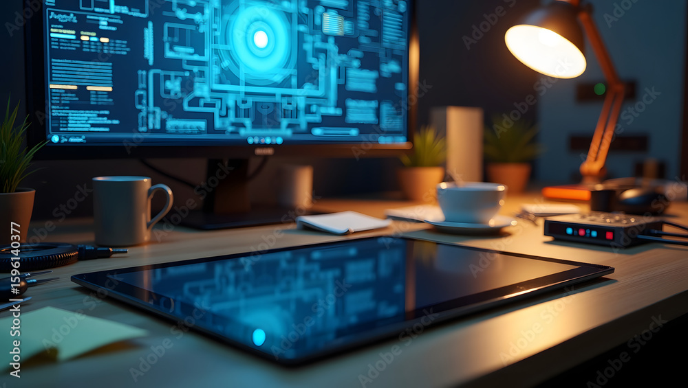 Naklejka premium Tablet on Engineering Bench with Schematic Display and Tools