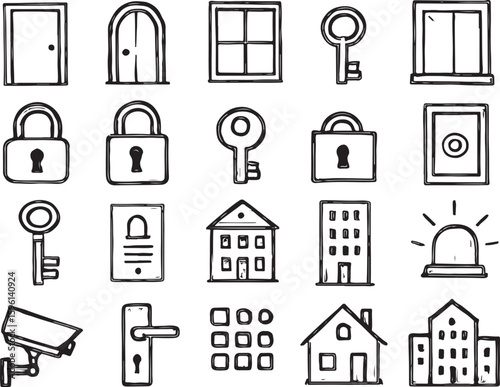 Hand drawn sketchy icons of doors windows keys locks and buildings