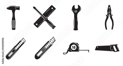 Collection of construction and diy hand tools in black and white vector illustration