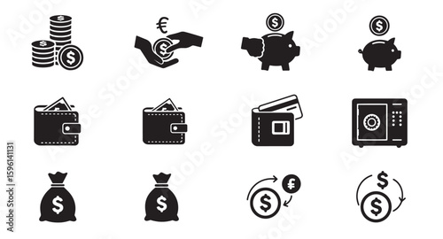 Collection of financial icons representing banking savings investments and currency exchange