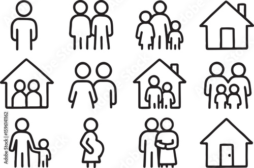 Simple line art icons of families and houses family