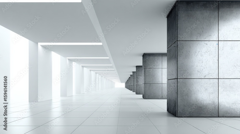 Obraz premium Modern minimalist indoor corridor with large concrete pillars and bright natural lighting creating a spacious architectural interior space