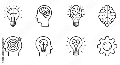 Creative brainstorming and innovation concepts illustrated with light bulbs and human mind icons