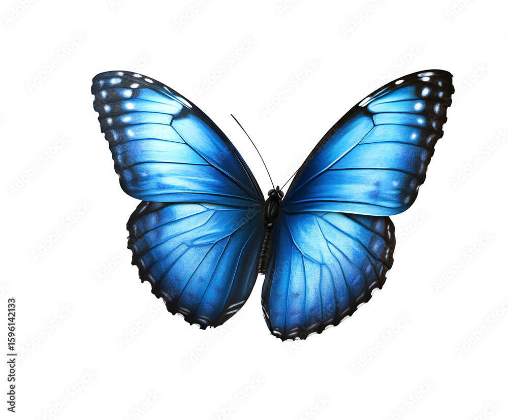 Fototapeta premium A vibrant blue morpho butterfly, isolated on transparent background, showcases its stunning wings and intricate patterns, embodying the beauty and elegance of tropical nature