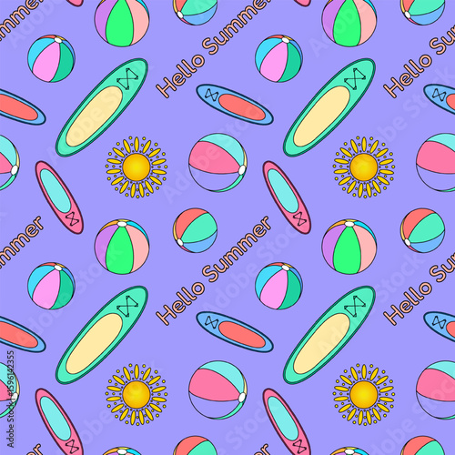 Summer seamless pattern of beach balls, surfboard, sun, and - Hello Summer - text on purple background. For summertime or vacation theme, clothing design, bedding, wrapping paper, nursery wallpaper.