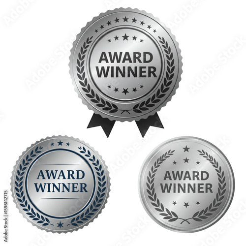 Three silver award winner seal design with stars and laurels for recognition and achievement