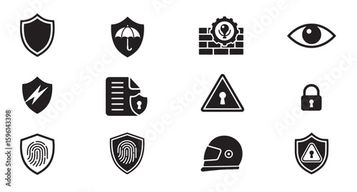 Security and protection icon set featuring shields locks and other related symbols