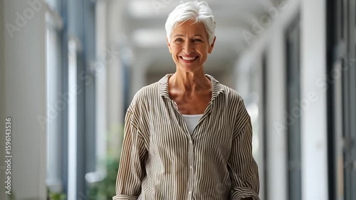 Elegant elderly woman in bright home wearing cozy cardigan, symbolizing timeless wellness and comfort – Positive Minimalist Lifestyle Video 4K UHD 60fps