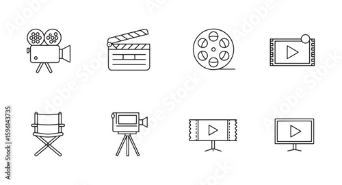 Set of illustrated filmmaking icons depicting cinematic elements in black and white