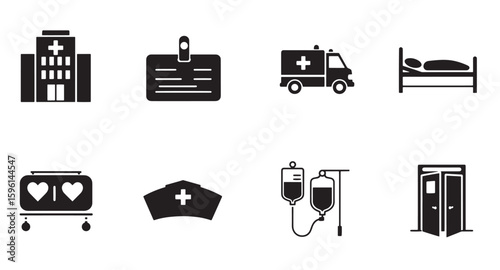 Vector icons depicting hospital related healthcare services medical treatment and emergency services