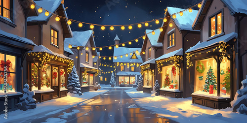 Snowy Village Street Lit by Christmas Lights at Night

