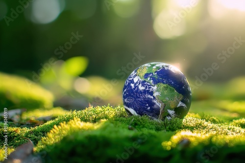 Small Earth Globe Sitting on Green Moss in Forest with Sunlight Brightly Shining and Bokeh Effect in the Background