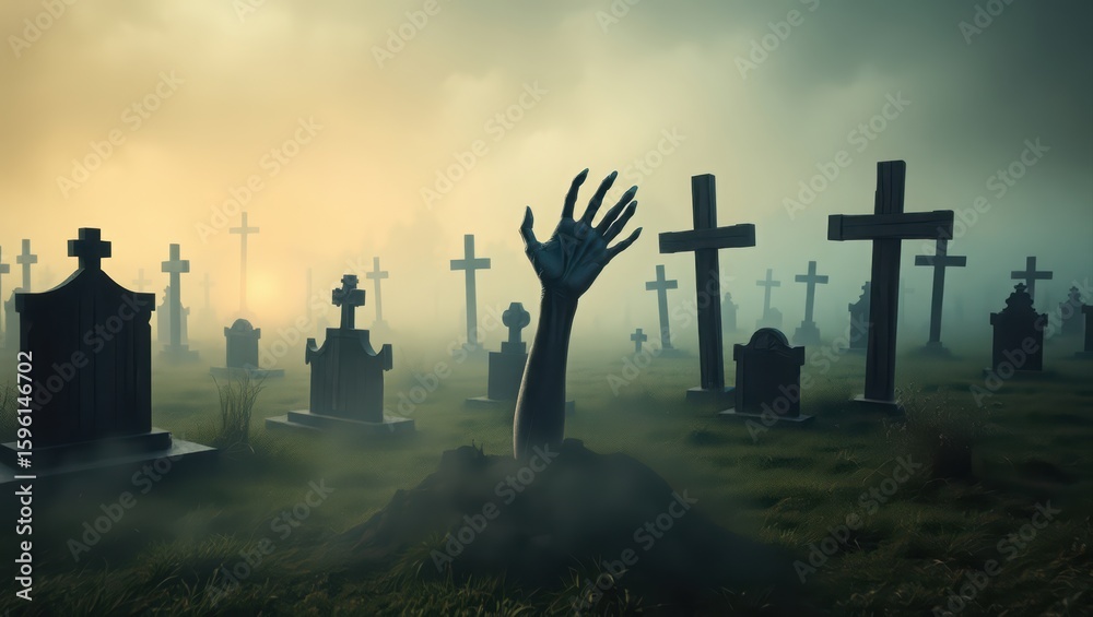 Obraz premium Zombie hand rising from grave in spooky graveyard halloween horror concept image stock
