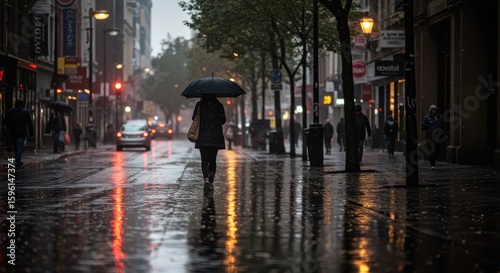 A person walks under an umbrella on a rainy city street at dusk, with wet pavement reflecting streetlights and a few pedestrians in the background.