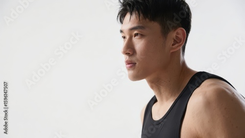 A close-up profile of a young athletic man wearing a black tank top looking thoughtfully to the side against a plain white background.