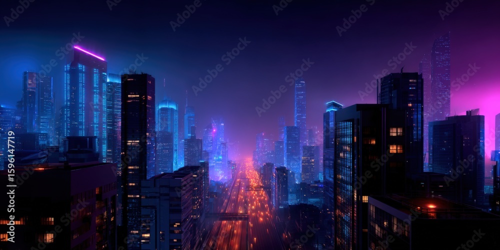 Obraz premium Stunning nighttime cityscape with illuminated skyscrapers and vibrant neon lights reflecting on the busy road below in a modern metropolitan area