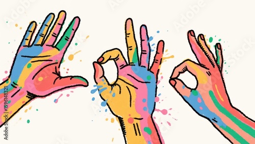 Colorful illustrated hands making the 